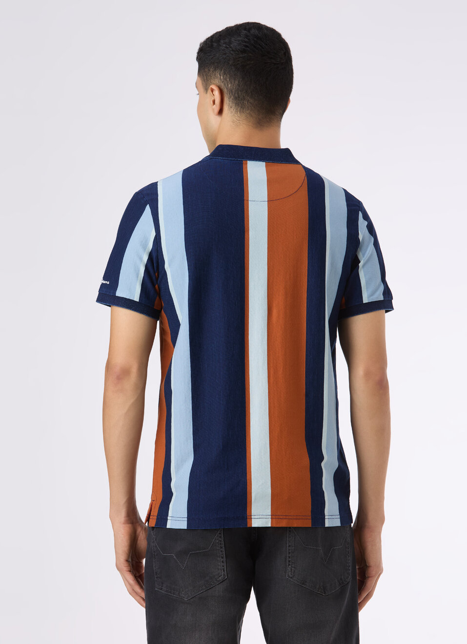 Men Navy Vertical Stripe Short Sleeve Polo, , large image number 2