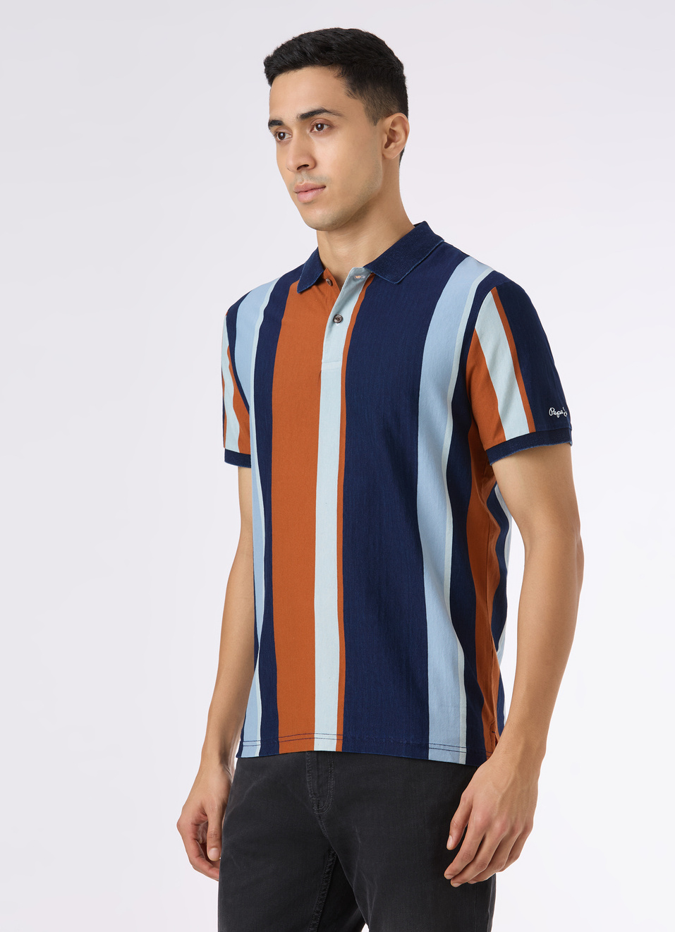 Men Navy Vertical Stripe Short Sleeve Polo, , large image number 3