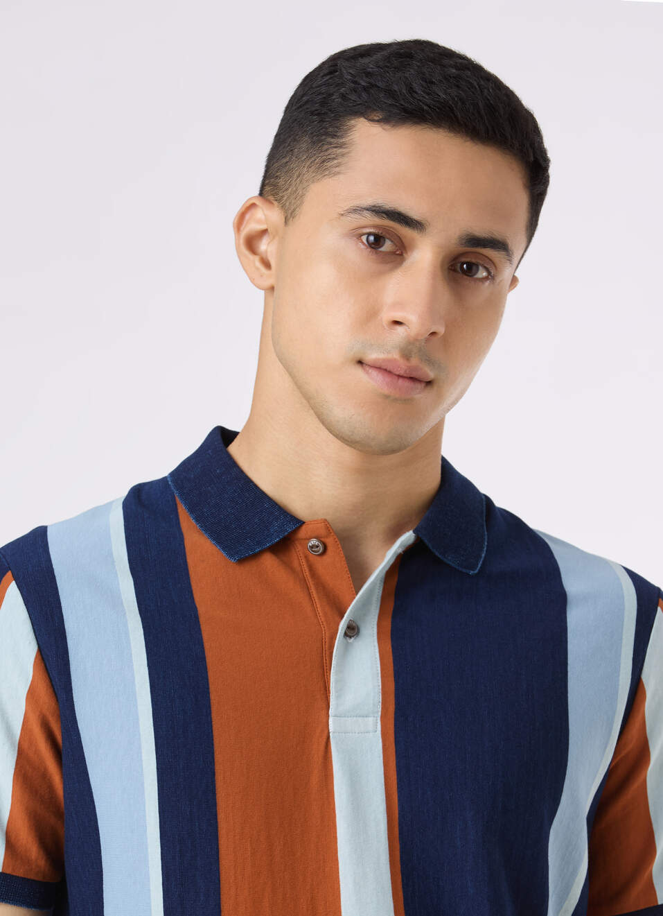 Men Navy Vertical Stripe Short Sleeve Polo, , large image number 4