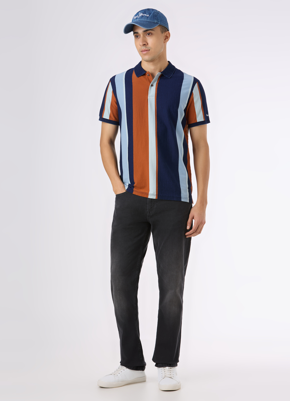 Men Navy Vertical Stripe Short Sleeve Polo, , large image number 5