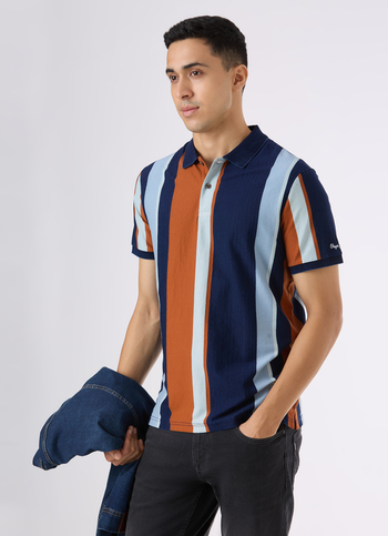 Men Navy Vertical Stripe Short Sleeve Polo