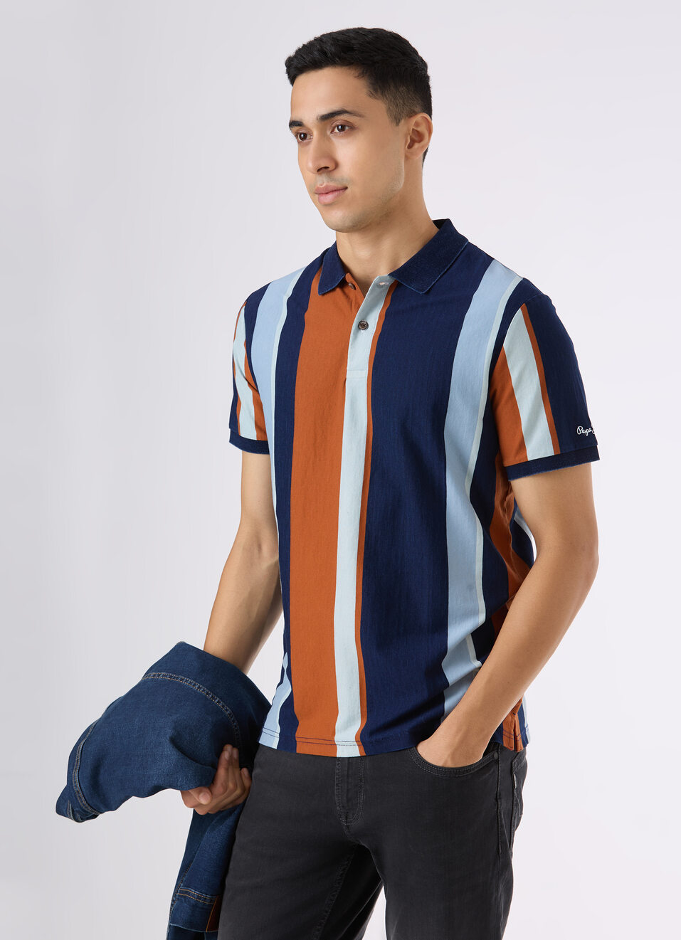 Men Navy Vertical Stripe Short Sleeve Polo, , large image number 0