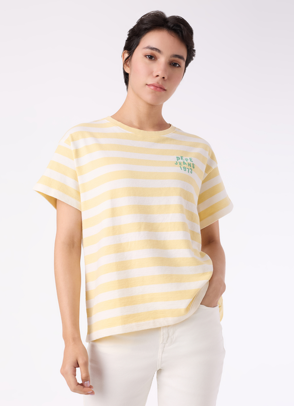 Women Yellow Striped Comfort Fit T-shirt, , large image number 1