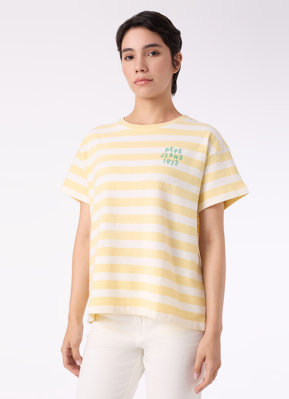 Women Yellow Striped Comfort Fit T-shirt, , large image number 3
