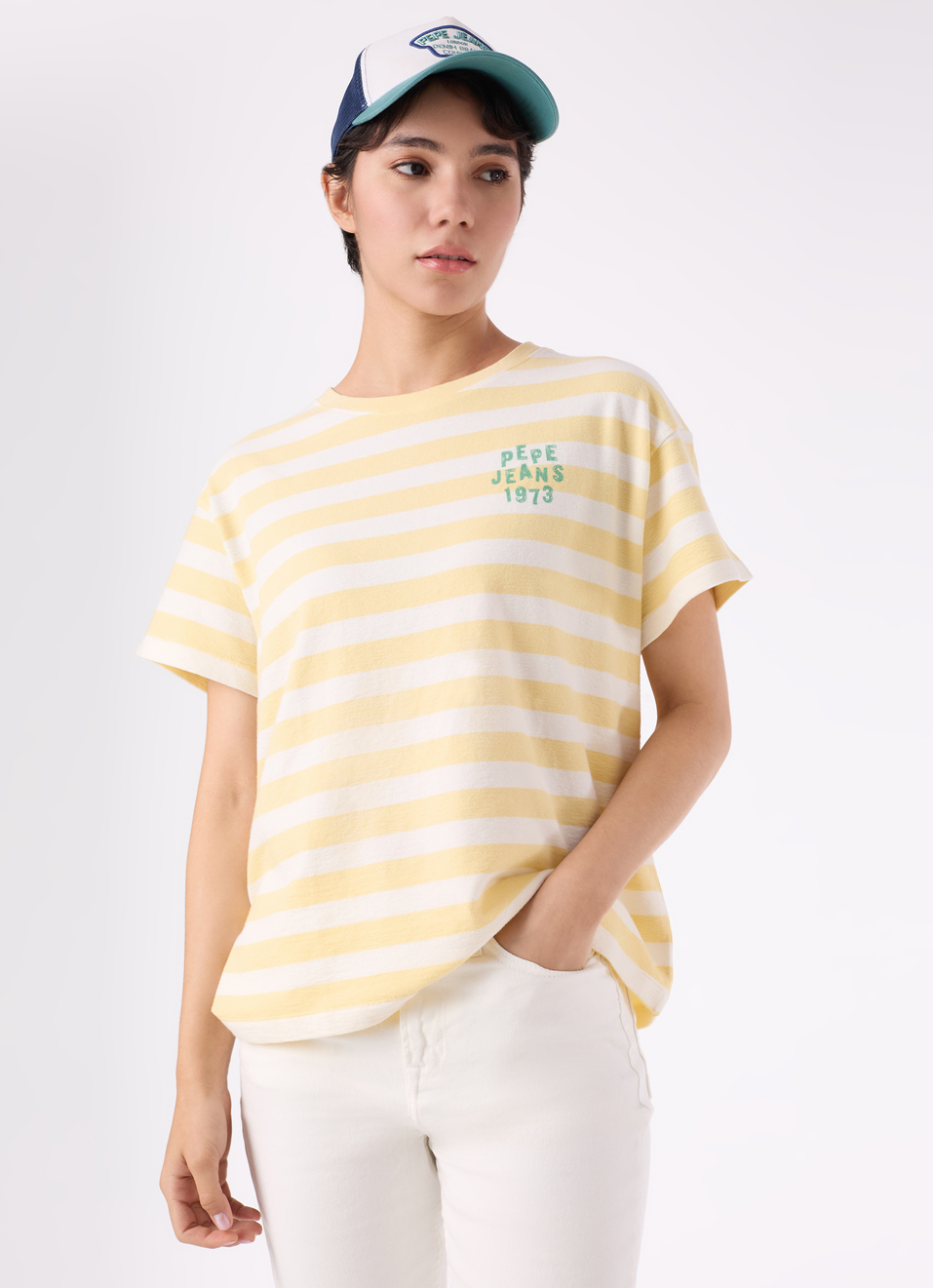 Women Yellow Striped Comfort Fit T-shirt, , large image number 0