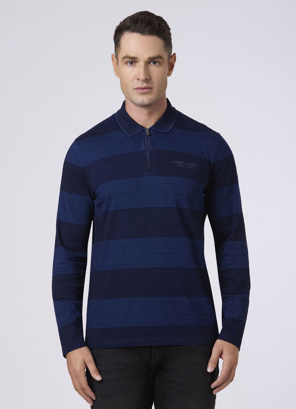 Men Indigo Blue Striped Zip Neck Polo, , large image number 1