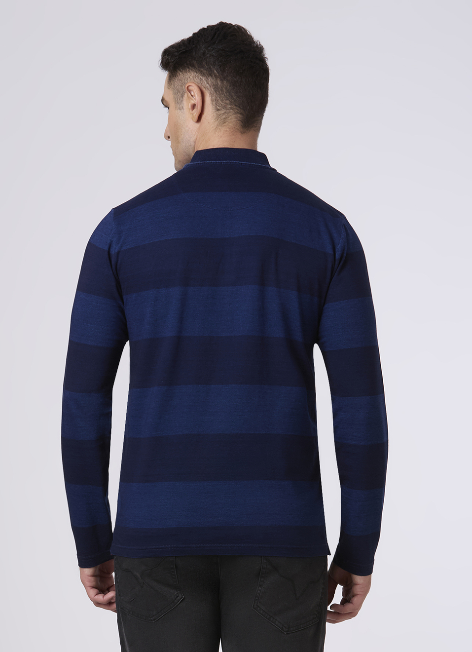 Men Indigo Blue Striped Zip Neck Polo, , large image number 2