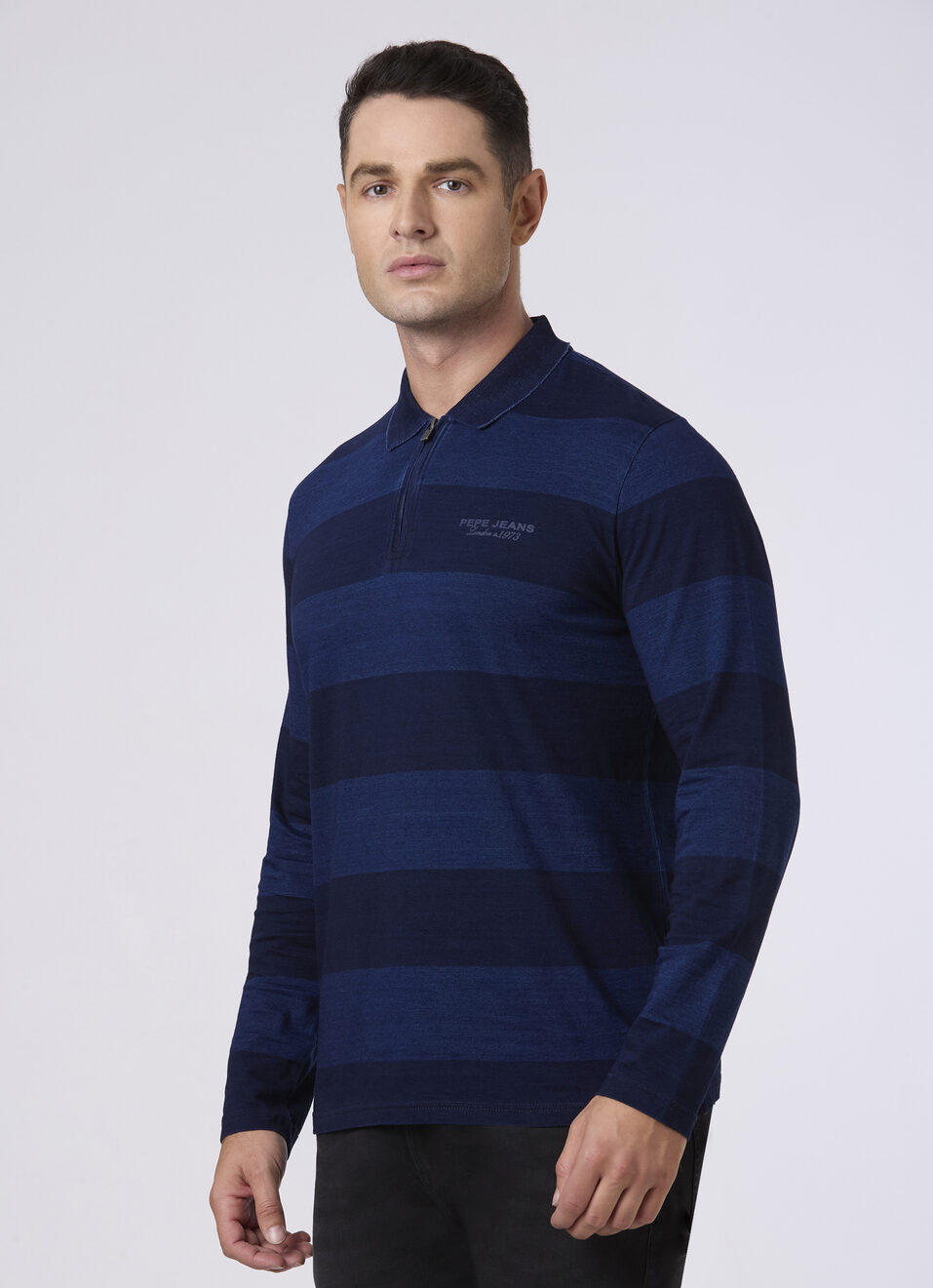 Men Indigo Blue Striped Zip Neck Polo, , large image number 3