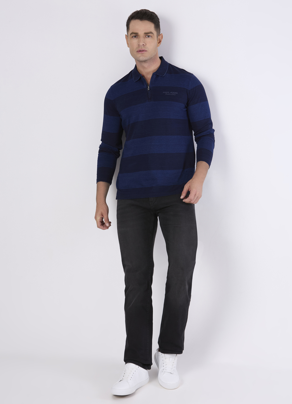 Men Indigo Blue Striped Zip Neck Polo, , large image number 5