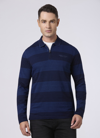 Men Indigo Blue Striped Zip Neck Polo