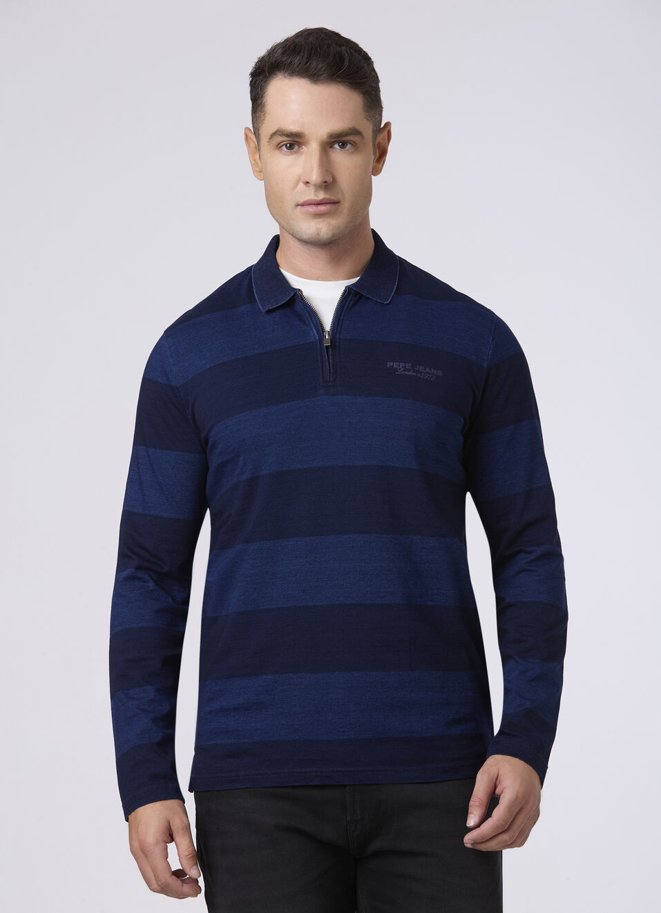 Men Indigo Blue Striped Zip Neck Polo, , large image number 0