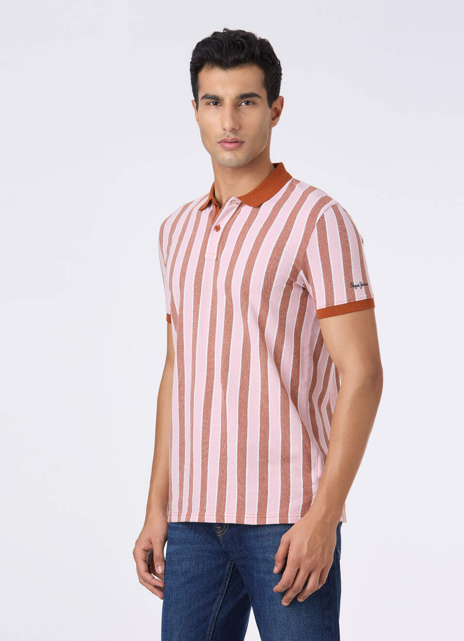 Men Rust & White Vertical Stripe Polo, , large image number 3