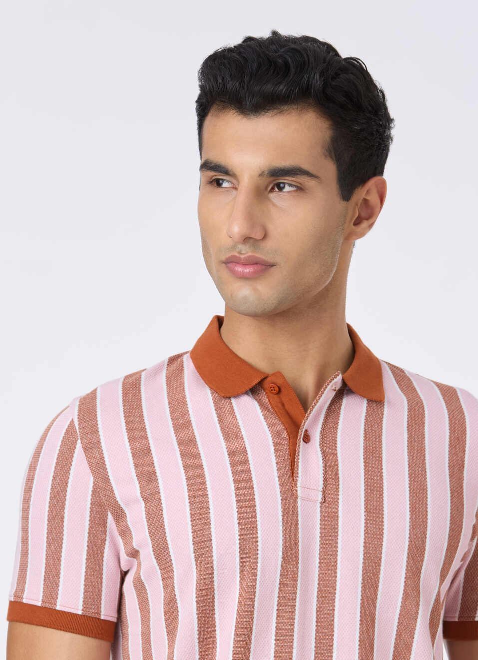 Men Rust & White Vertical Stripe Polo, , large image number 4