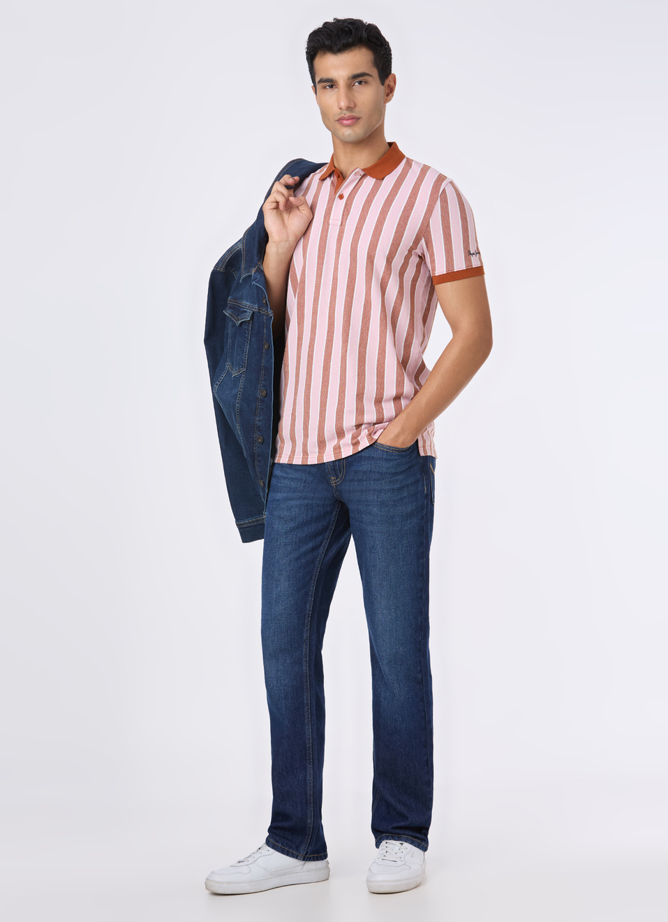 Men Rust & White Vertical Stripe Polo, , large image number 5