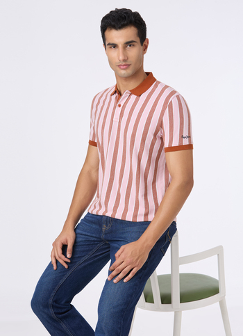 Men Rust & White Vertical Stripe Polo