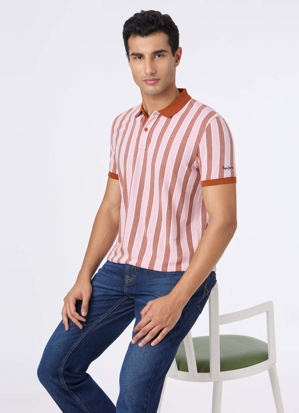 Men Rust & White Vertical Stripe Polo, , large image number 0