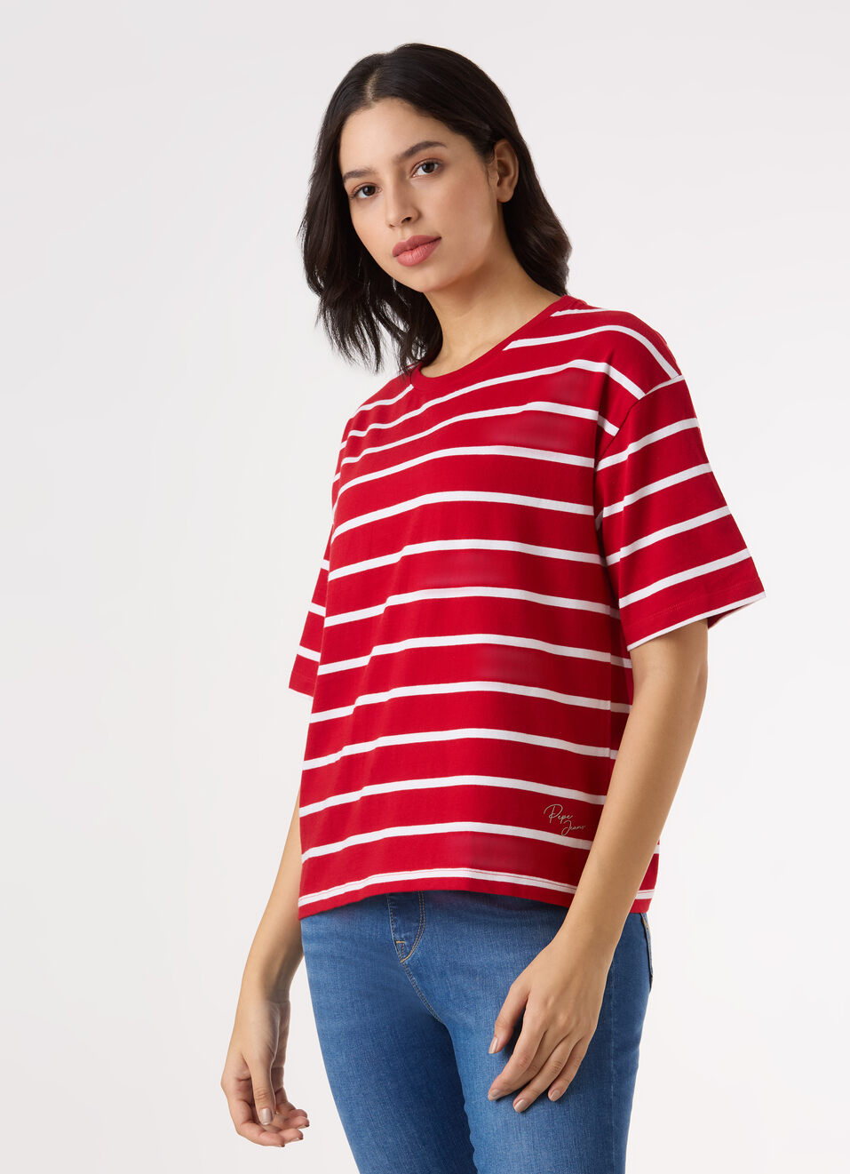 Women Red Stripe Drop Shoulder Comfort Short Sleeve T-shirt, , large image number 3