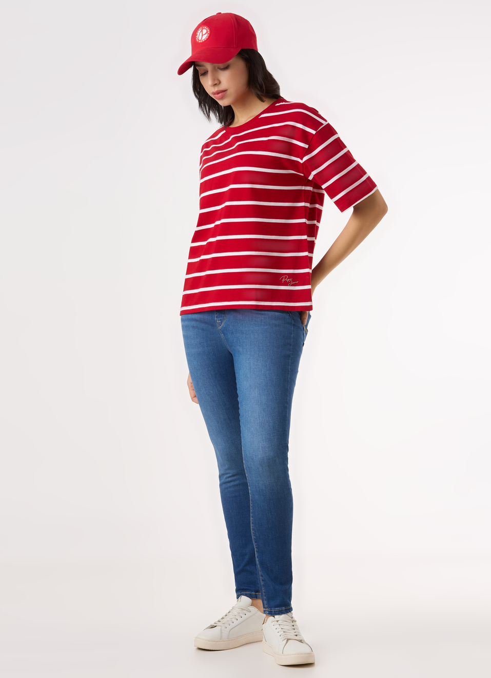 Women Red Stripe Drop Shoulder Comfort Short Sleeve T-shirt, , large image number 5