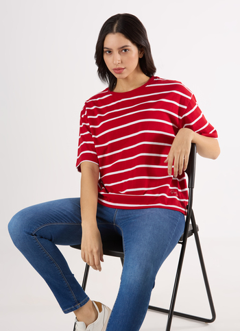 Women Red Stripe Drop Shoulder Comfort Short Sleeve T-shirt