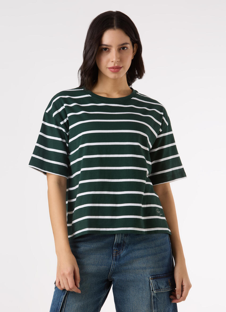 Women Green Stripe Drop Shoulder Comfort Short Sleeve T-shirt, , large image number 1