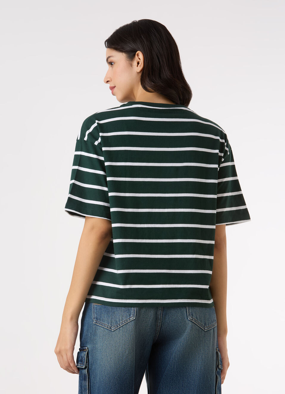Women Green Stripe Drop Shoulder Comfort Short Sleeve T-shirt, , large image number 2