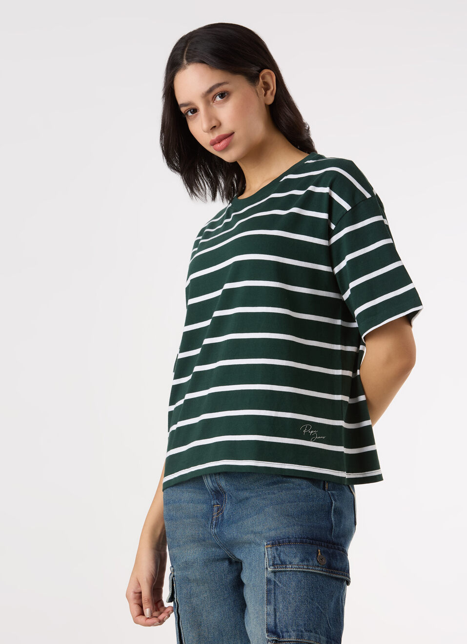 Women Green Stripe Drop Shoulder Comfort Short Sleeve T-shirt, , large image number 3