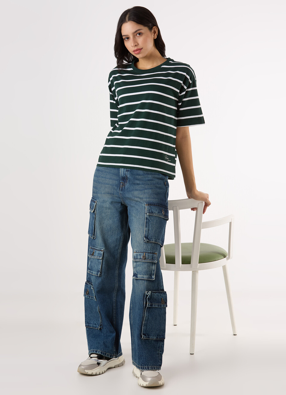 Women Green Stripe Drop Shoulder Comfort Short Sleeve T-shirt, , large image number 5