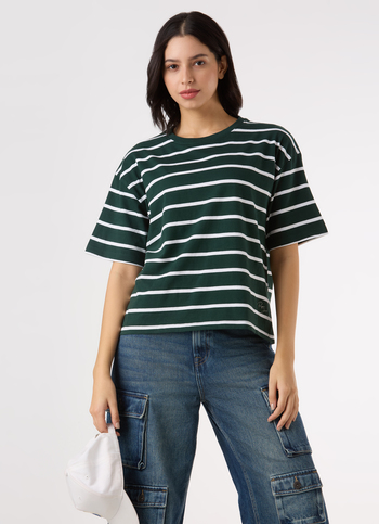 Women Green Stripe Drop Shoulder Comfort Short Sleeve T-shirt