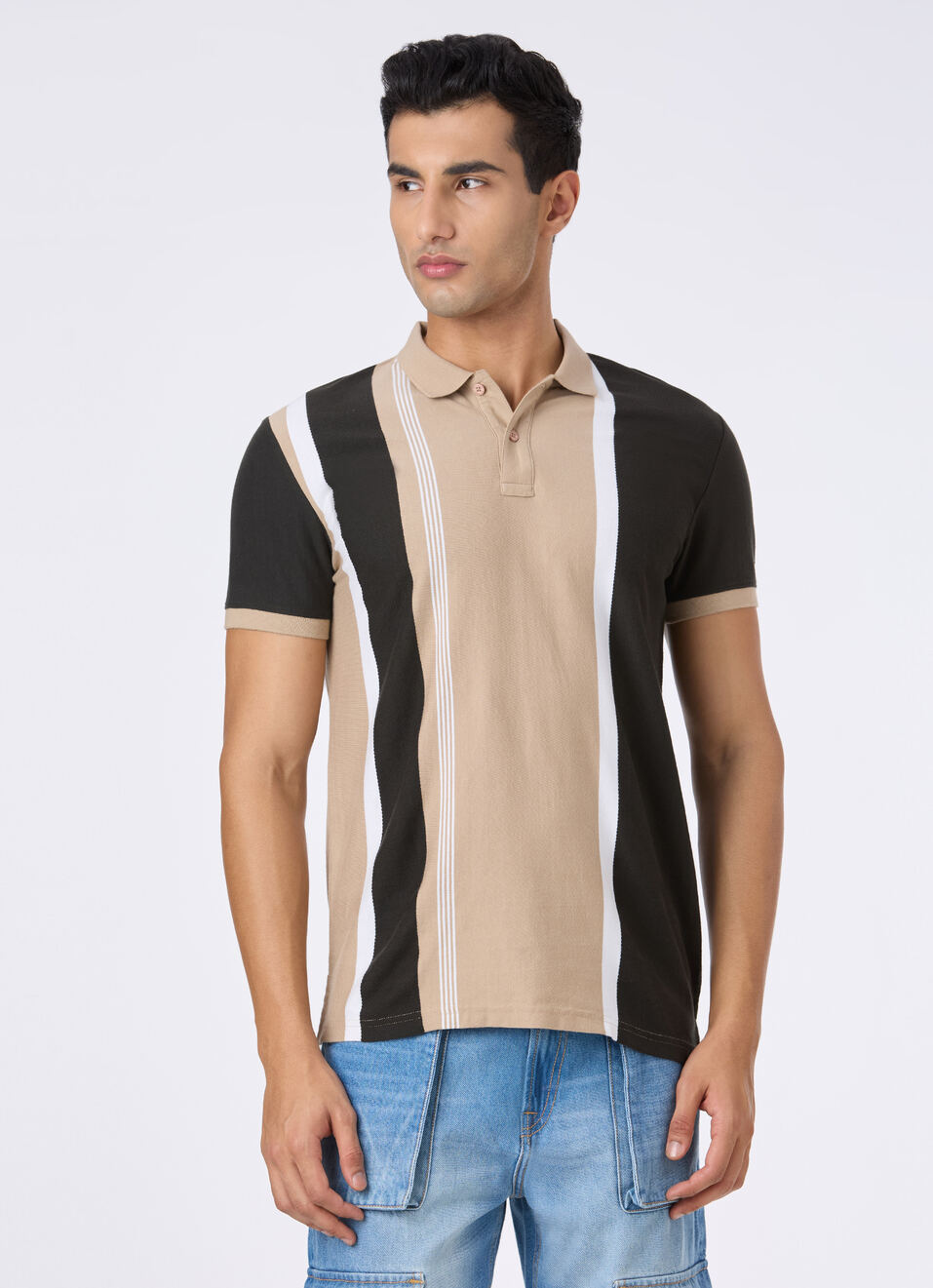 Men Beige Colorblock Vertical Stripe Polo, , large image number 1