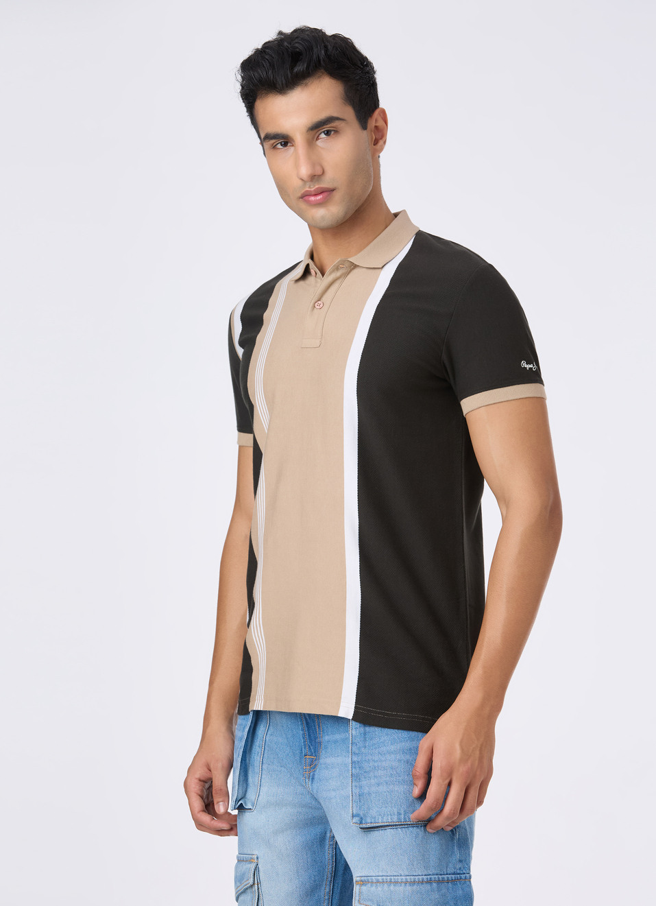 Men Beige Colorblock Vertical Stripe Polo, , large image number 3