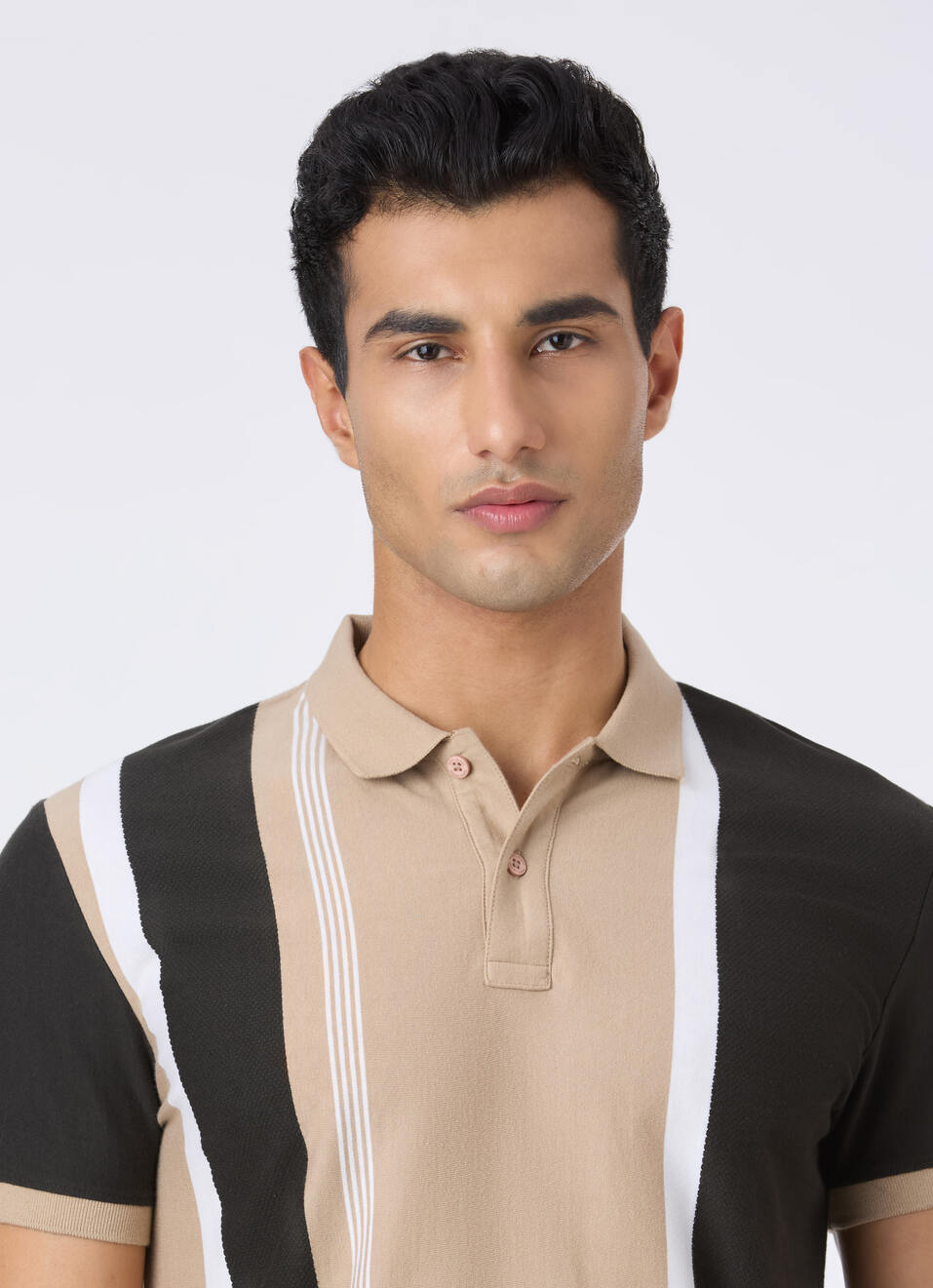 Men Beige Colorblock Vertical Stripe Polo, , large image number 4