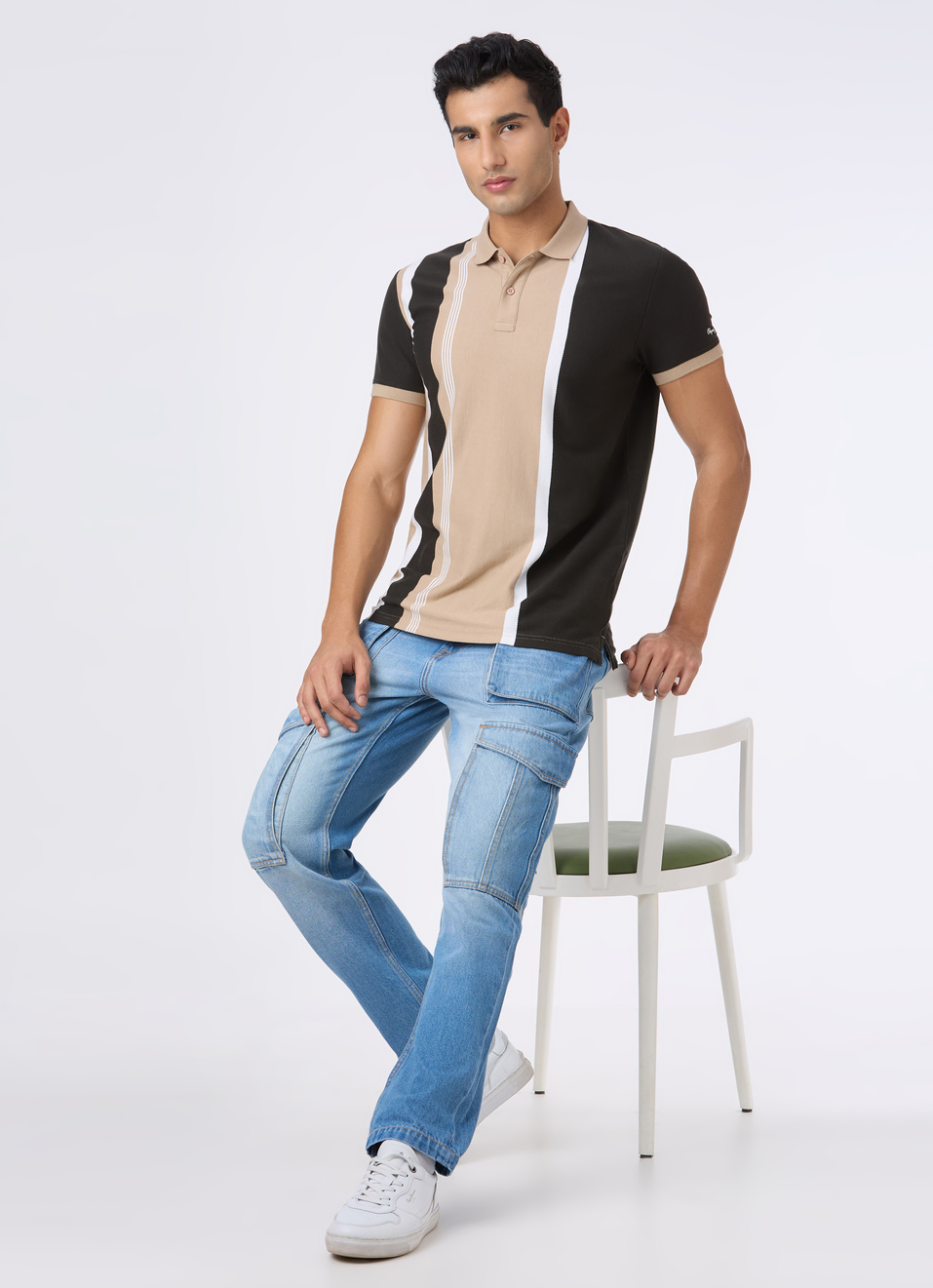 Men Beige Colorblock Vertical Stripe Polo, , large image number 5