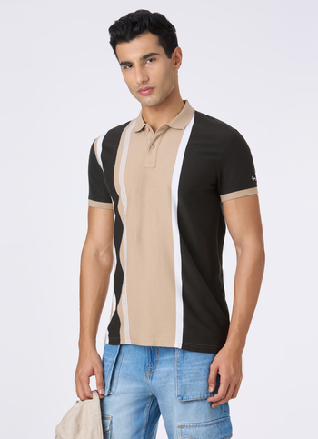 Men Beige Colorblock Vertical Stripe Polo