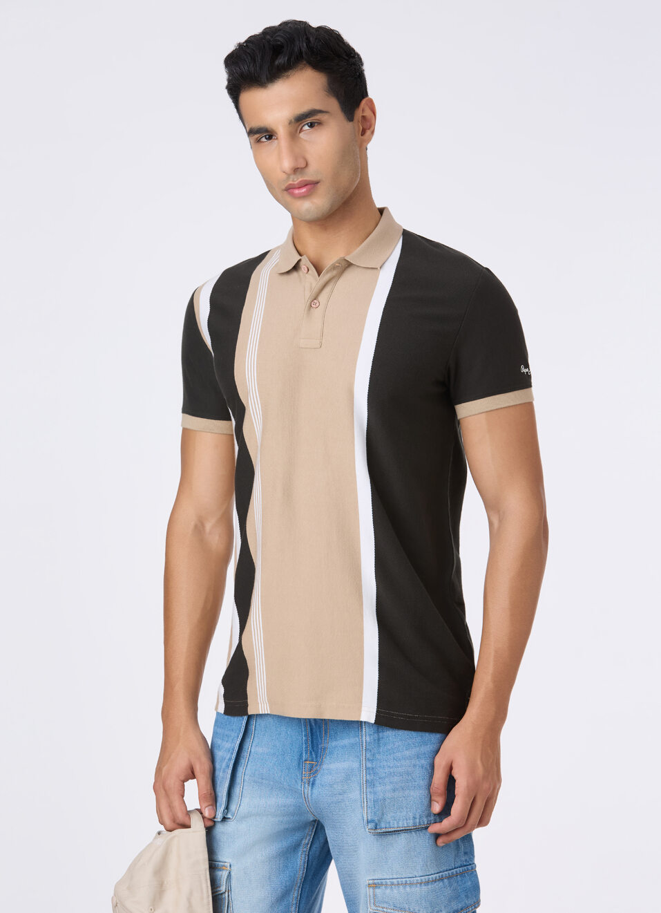Men Beige Colorblock Vertical Stripe Polo, , large image number 0