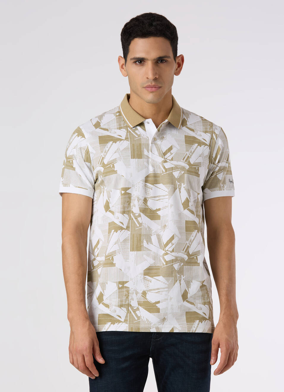 Men Beige Abstract Print Regular Fit Polo, , large image number 1