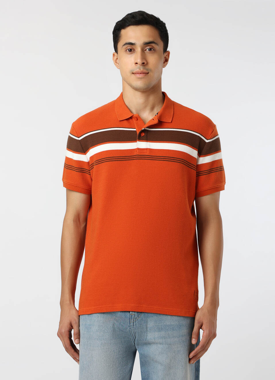 Men Rust Orange Regular Fit Striped Polo, , large image number 1