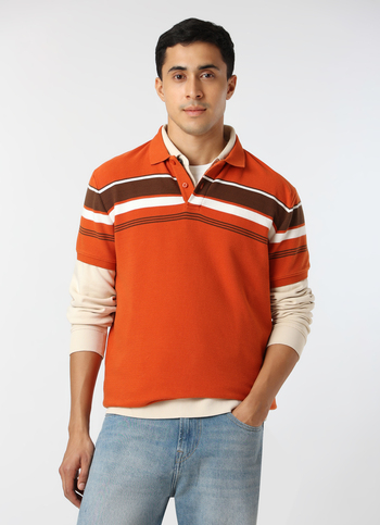 Men Rust Orange Regular Fit Striped Polo