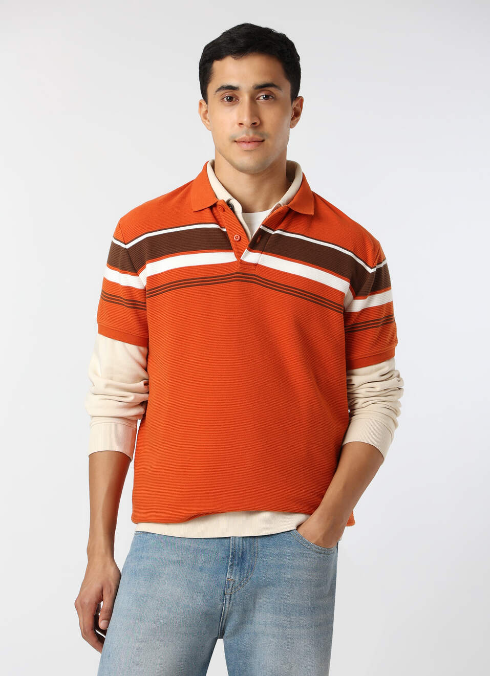 Men Rust Orange Regular Fit Striped Polo, , large image number 0