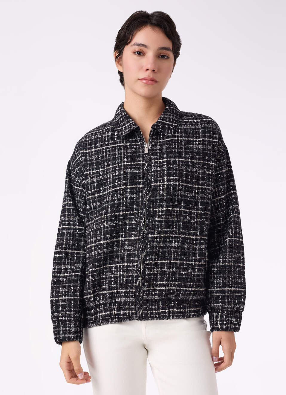 Women Black Textured Check Jacket, , large image number 1