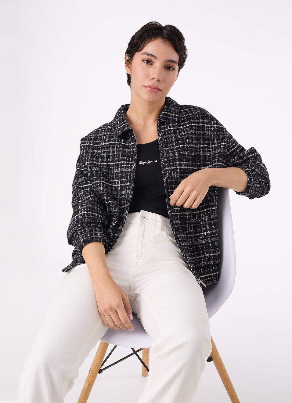 Women Black Textured Check Jacket, , large image number 0