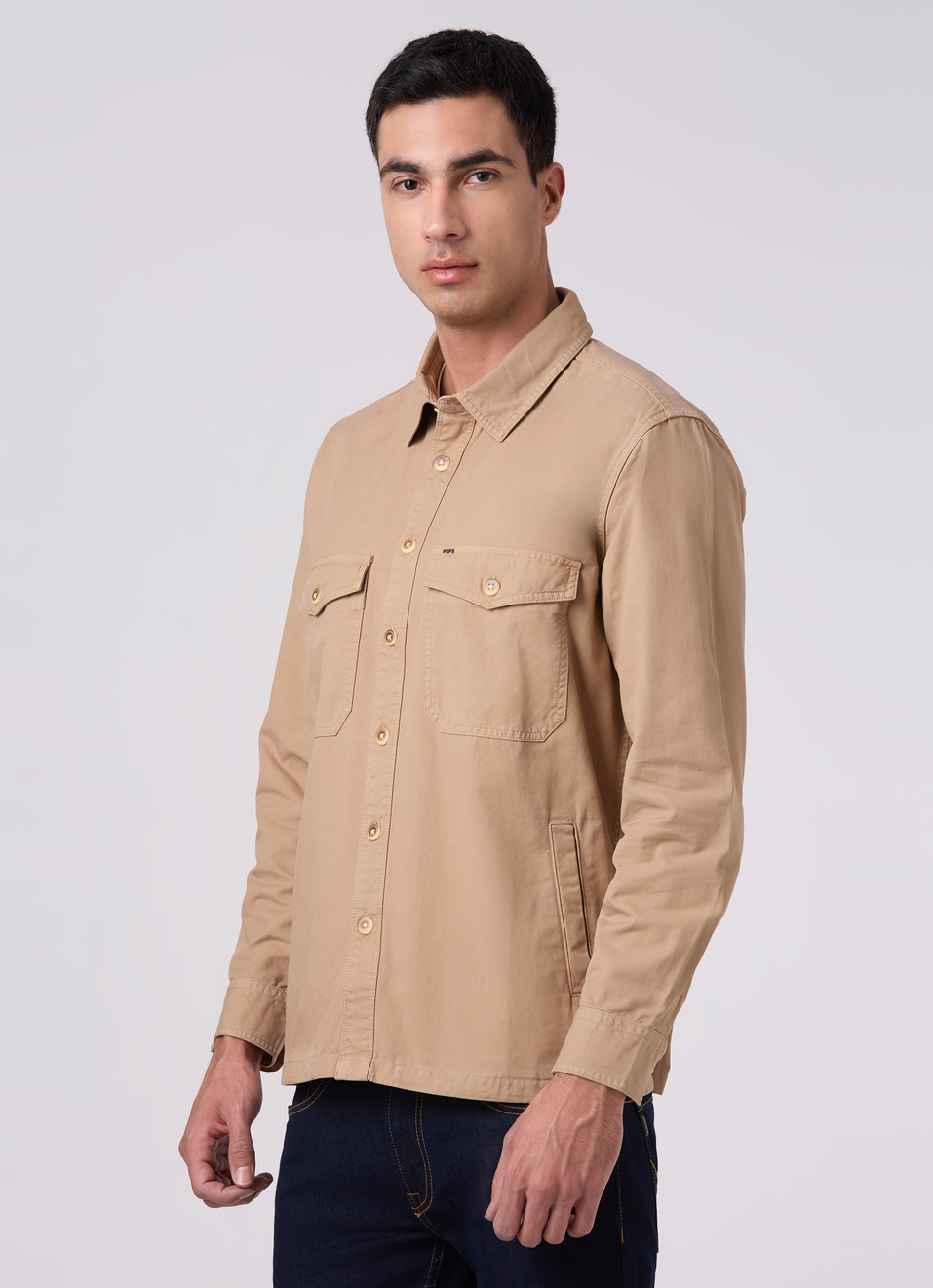 Men Khaki Beige Oversized Flap Pockets Shirt, , large image number 3