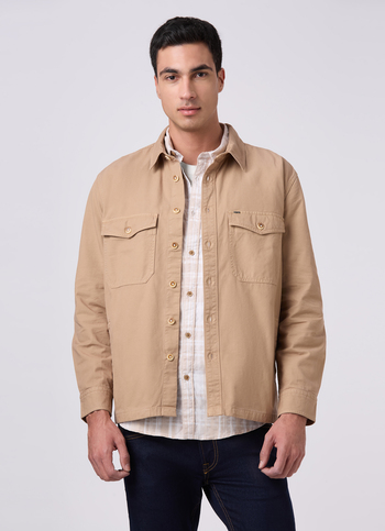 Men Khaki Beige Oversized Flap Pockets Shirt