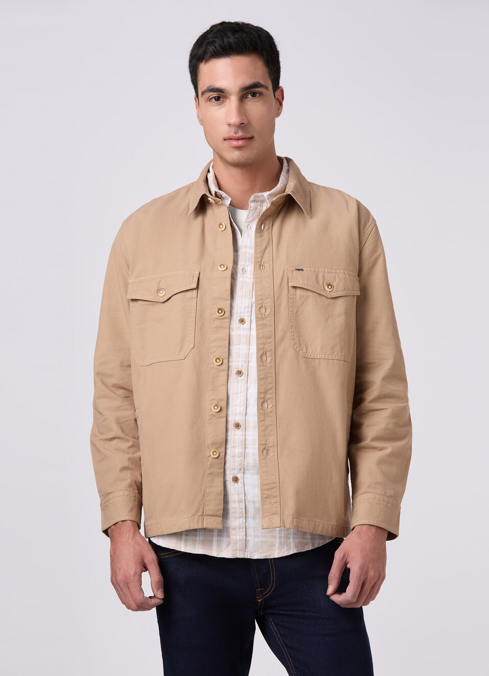 Men Khaki Beige Oversized Flap Pockets Shirt, , large image number 0