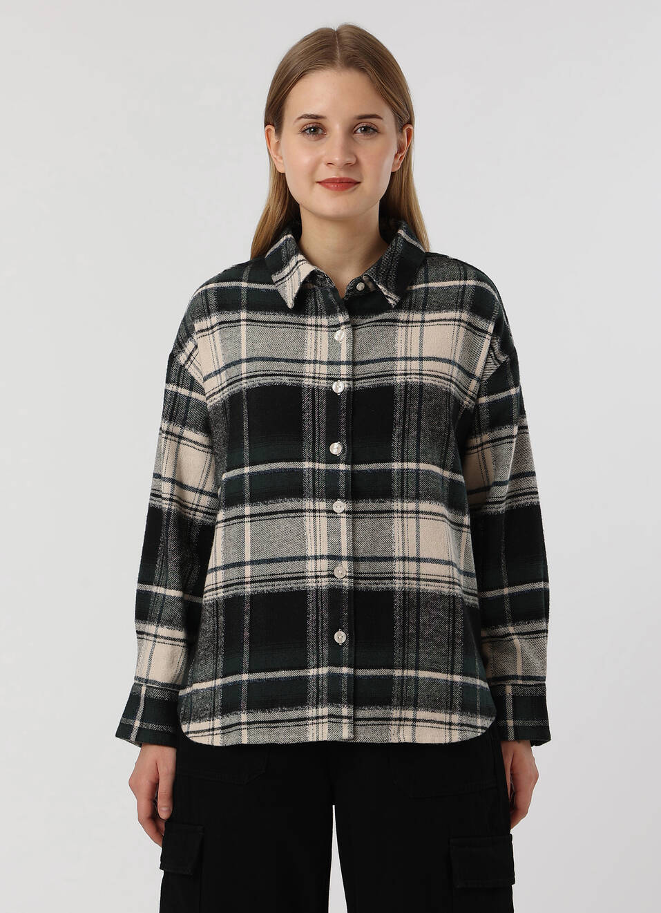 Women Green Oversized Checked Shirt, , large image number 1