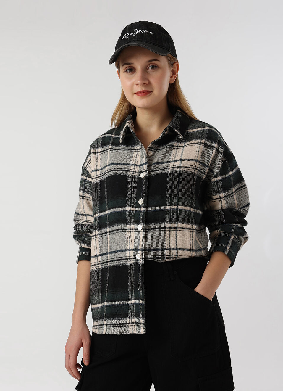 Women Green Oversized Checked Shirt, , large image number 0