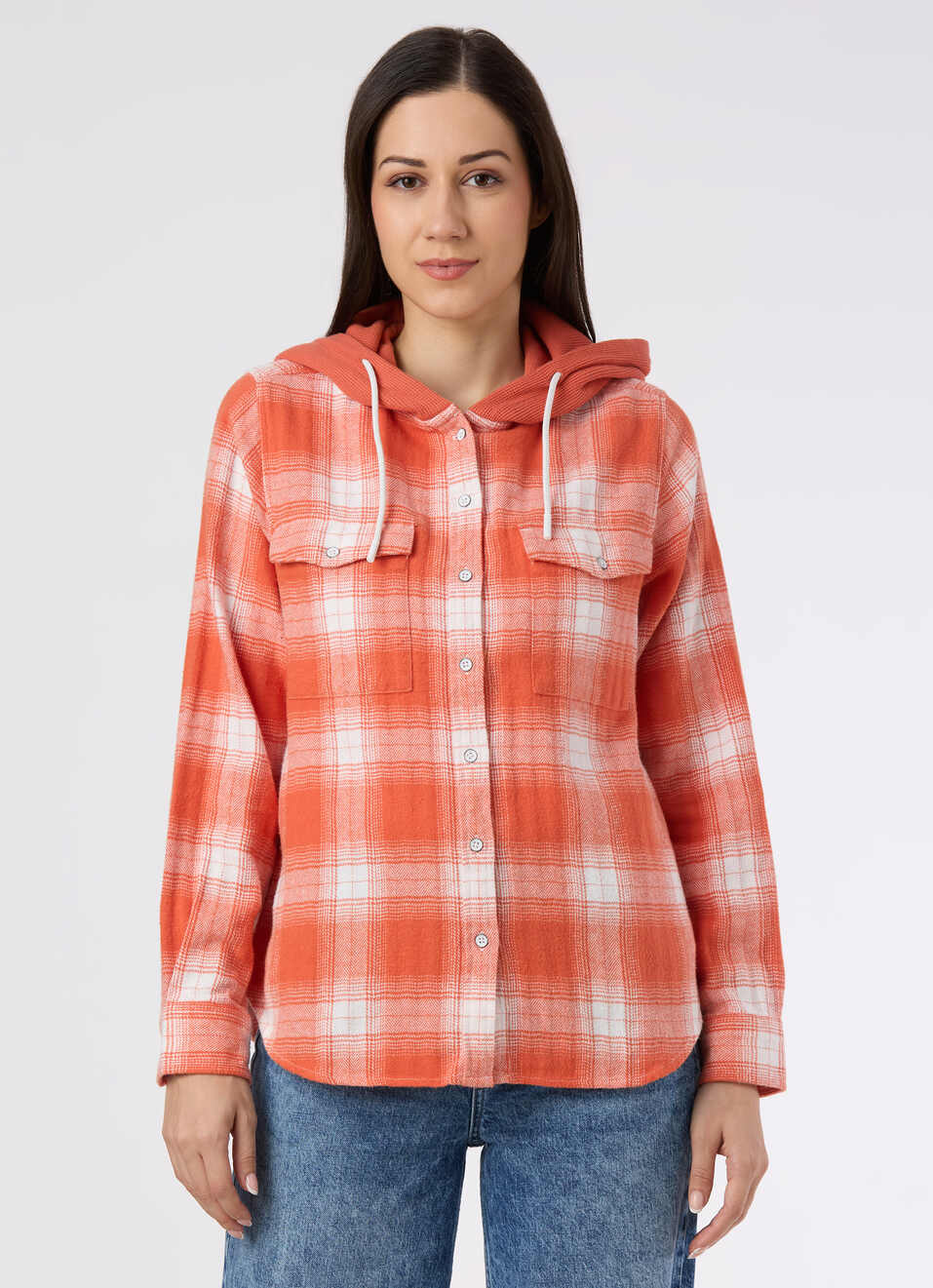 Women Orange Checked Regular Fit Hooded Shirt, , large image number 1