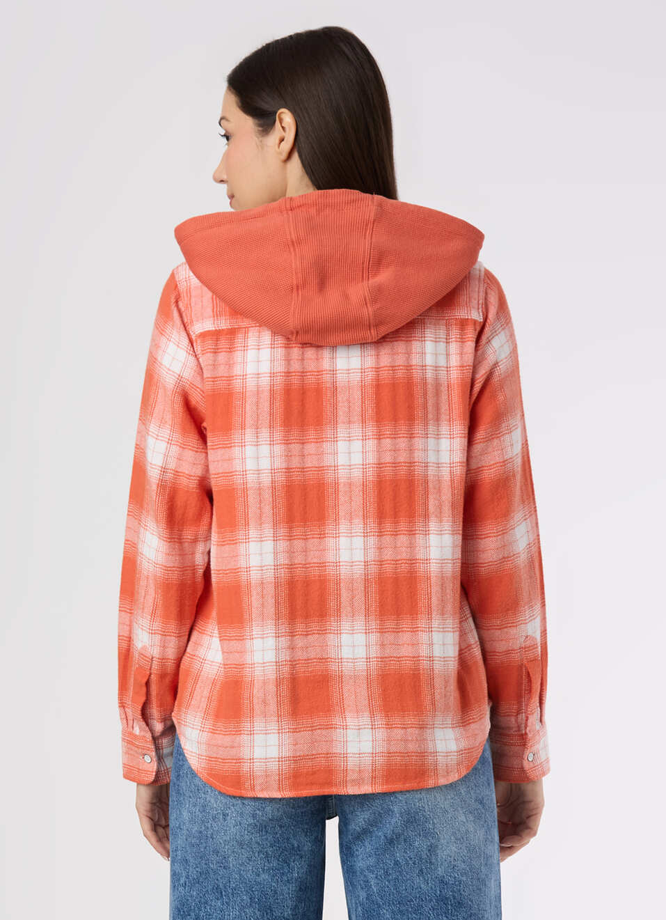 Women Orange Checked Regular Fit Hooded Shirt, , large image number 2