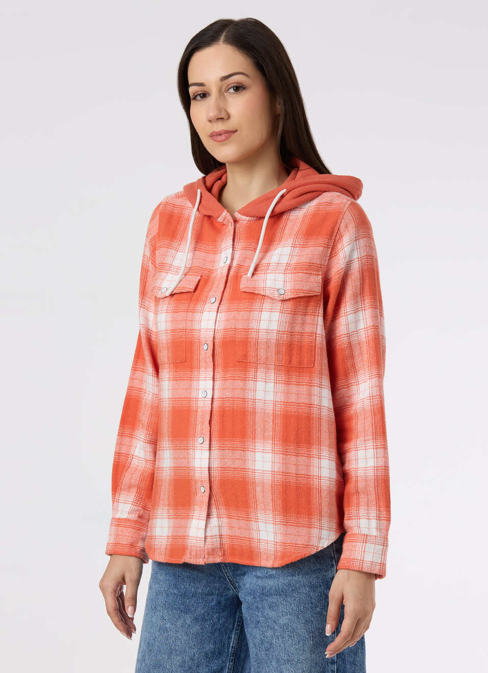 Women Orange Checked Regular Fit Hooded Shirt, , large image number 3