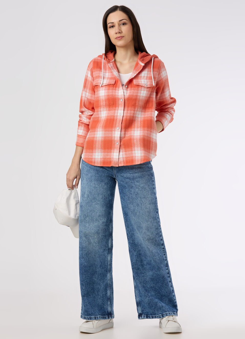 Women Orange Checked Regular Fit Hooded Shirt, , large image number 5