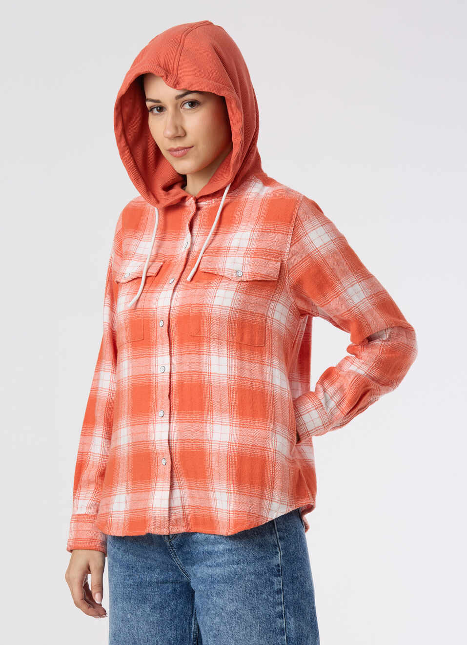Women Orange Checked Regular Fit Hooded Shirt, , large image number 6